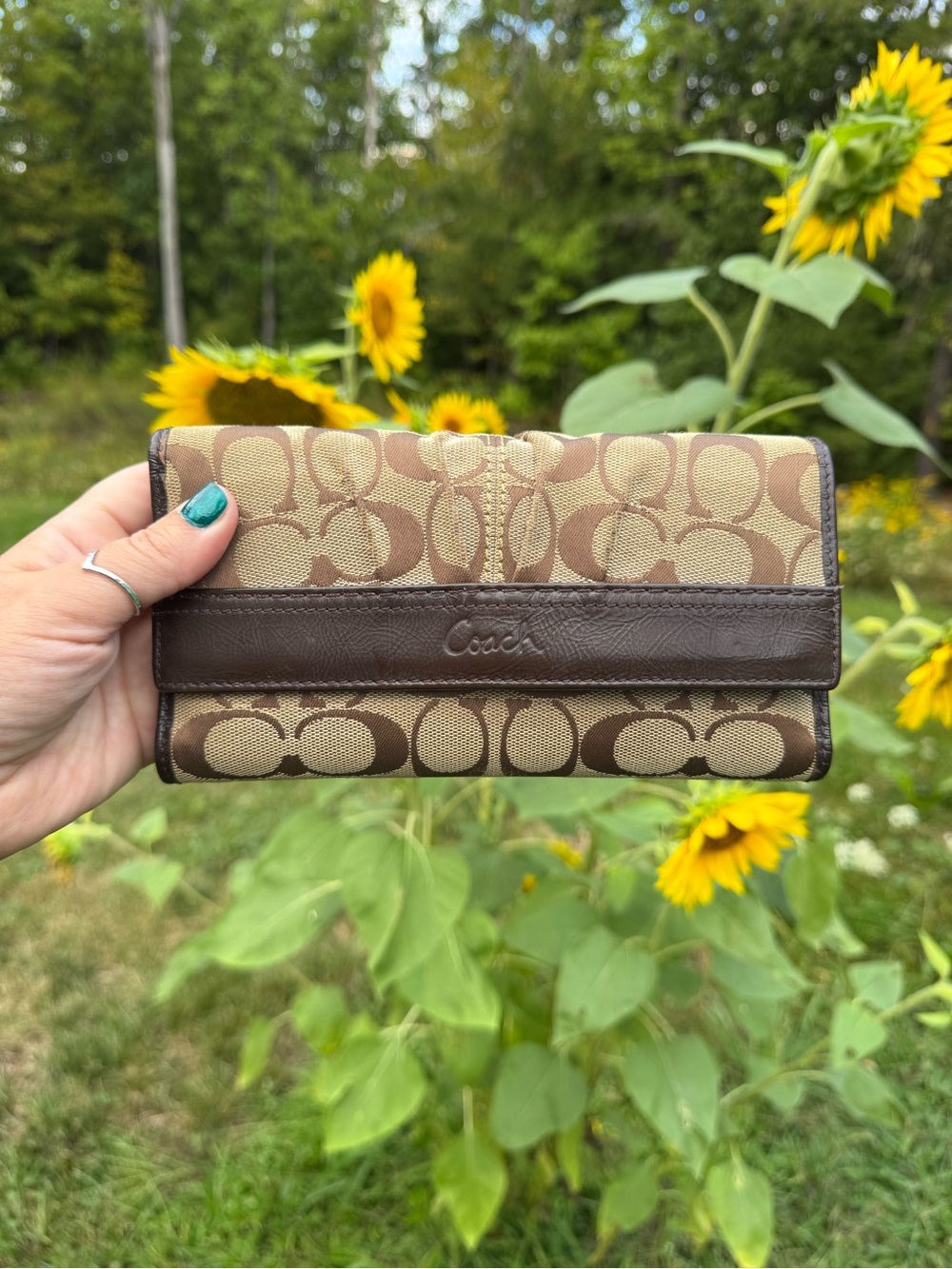 Coach Brown Signature Canvas Trifold Wallet with Dark Brown Trim